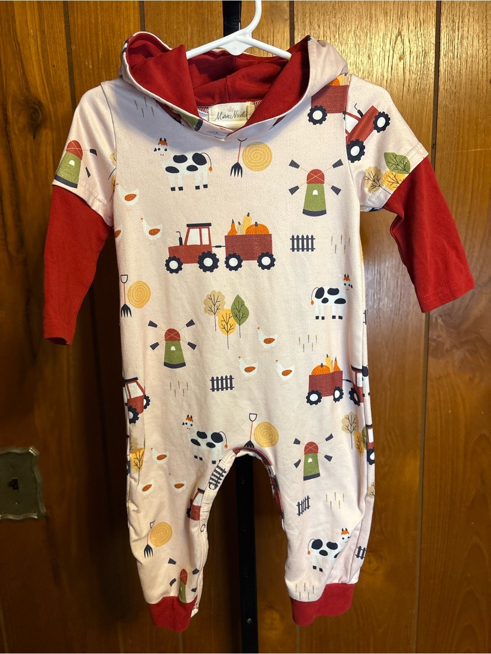 Farm-Print Hooded One-Piece Footie in Cream and Red